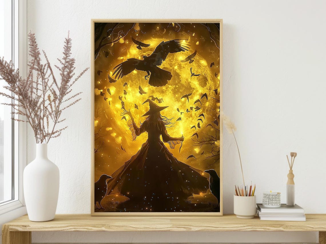 Witch Silhouette with Crows Before Giant Golden Full Moon Art Poster - Image 4