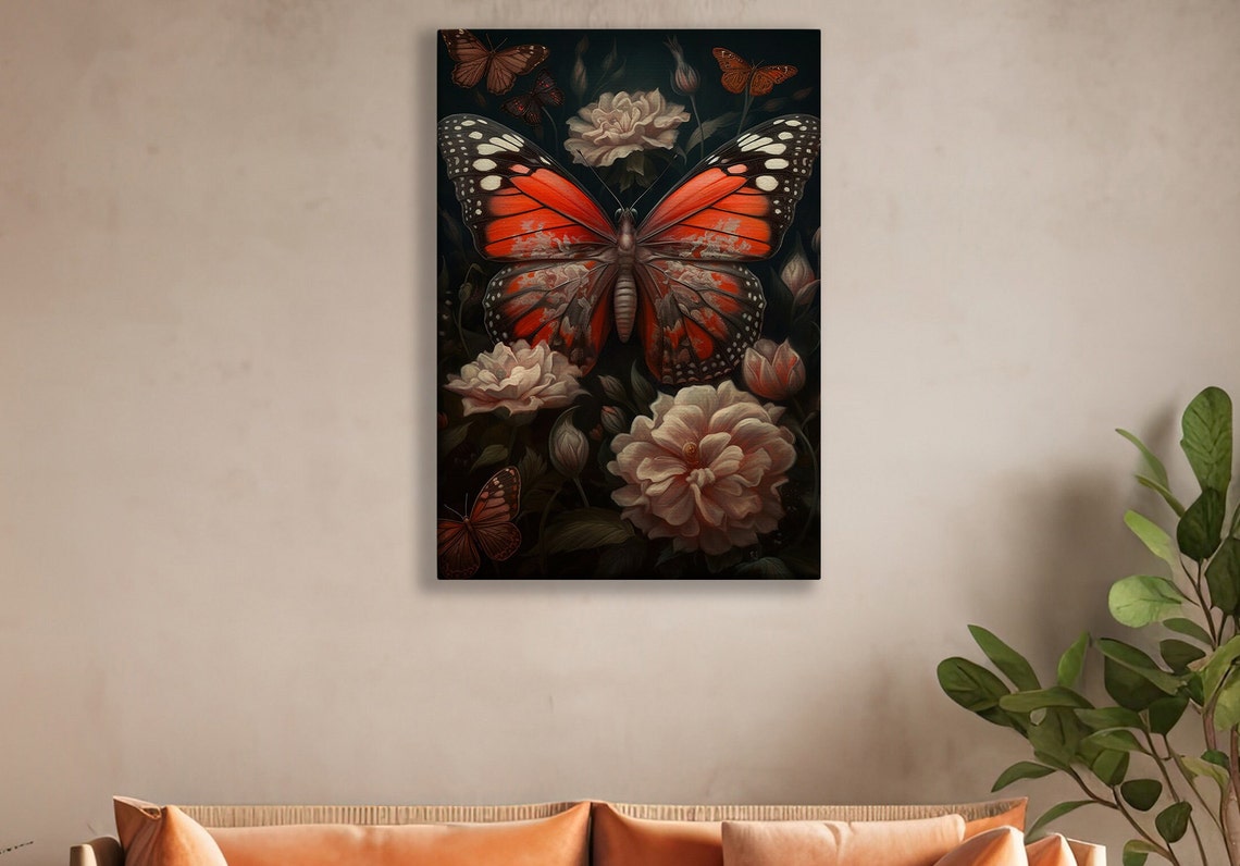 Bold Red And Black Butterfly Resting On Peach Blossoms At Night Poster - Image 2