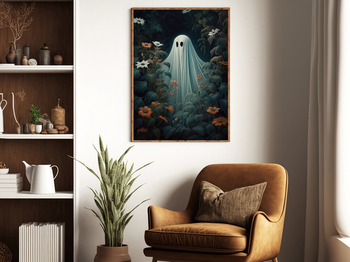 Ghost Among Dark Botanical Foliage And Flowers Spooky Art Print - Image 2