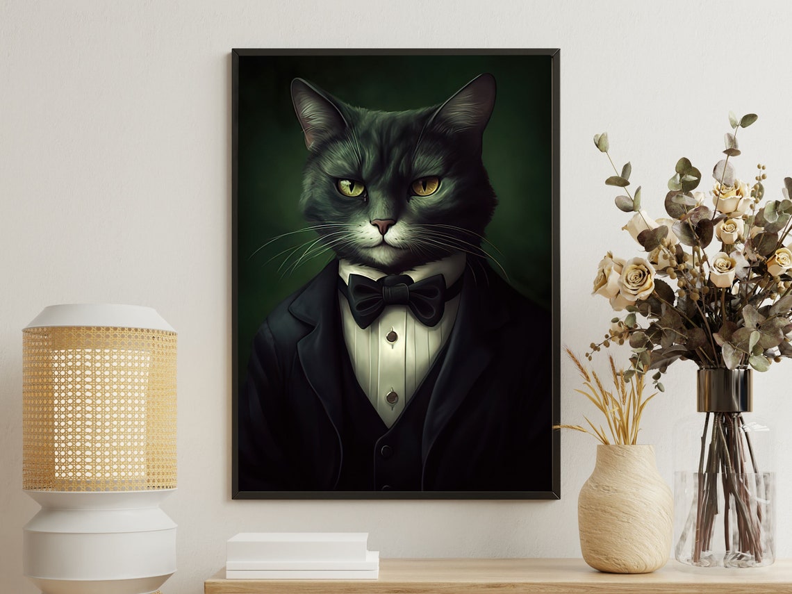 Dapper Black Cat In Tuxedo And Bow Tie Formal Portrait Wall Art