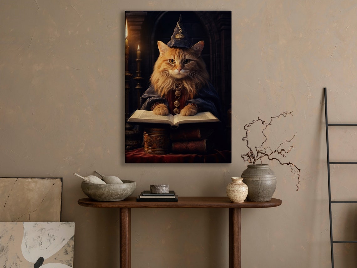 Orange Tabby Wizard Cat Reading Spellbook Candlelit Library Dark Print - Image 2