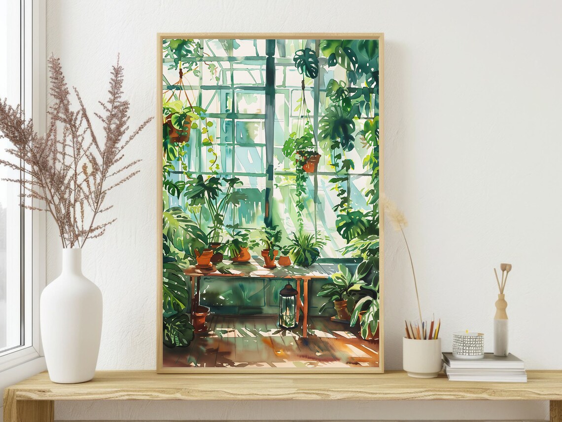 Sunlit Tropical Greenhouse Monstera Plants Watercolor Botanical Poster - Image 4