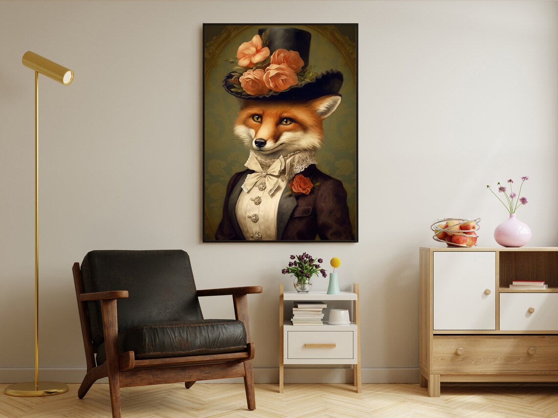 Victorian Lady Fox Top Hat Roses Formal Portrait Vintage Gothic Animal Poster - Image 3