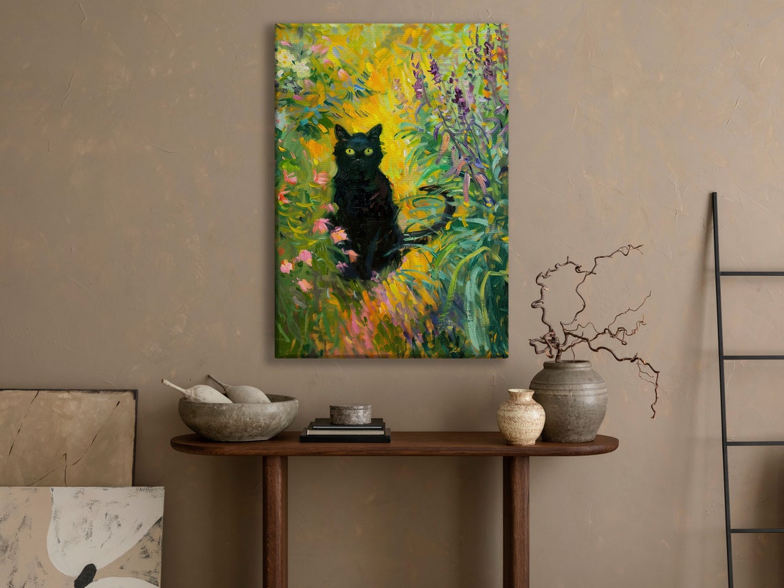 Black Cat Sitting In Colorful Flower Garden Impressionist Animal Print - Image 2