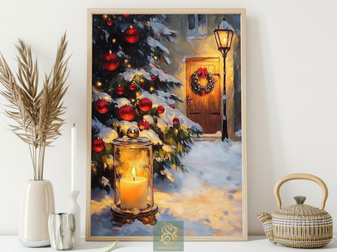 Snowy Christmas Lantern Glow by Tree With Red Ornaments Night Poster - Image 3