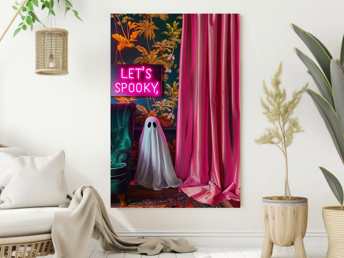Let's Spooky Neon Sign Ghost Pink Curtain Maximalist Halloween Poster - Image 2