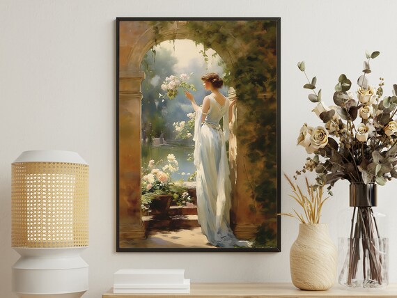 Victorian Woman in White Gown in Stone Garden Archway Art Print