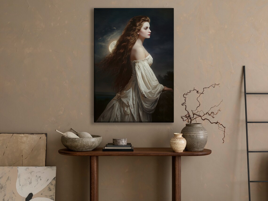 Moonlit Victorian Woman White Gown Dark Night Sky Gothic Art Poster - Image 3