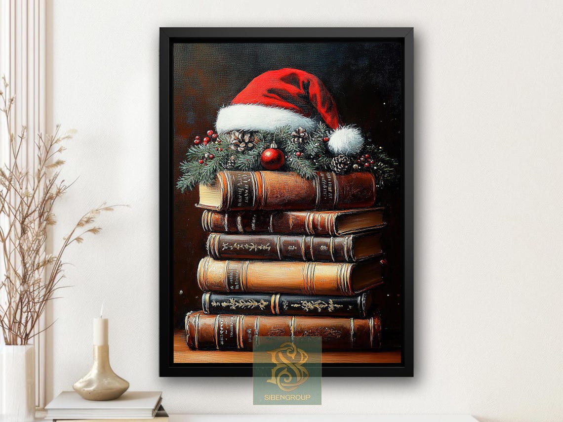 Vintage Stack Of Old Books With Santa Hat Pine Garland Holiday Print