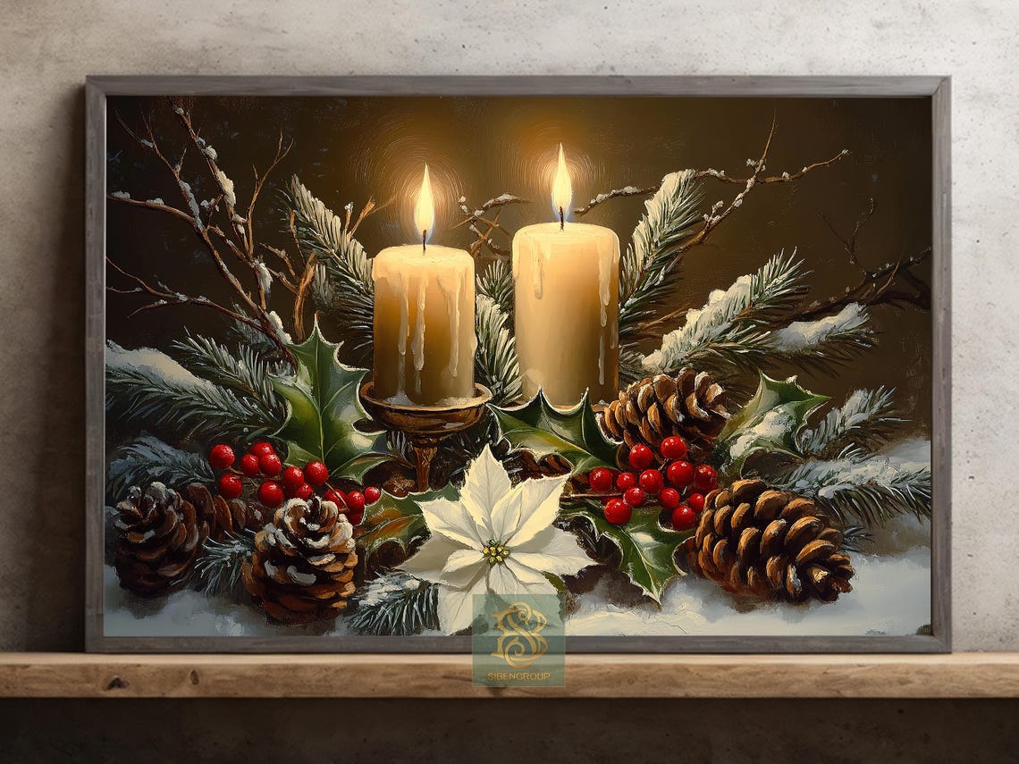 Two Ivory Candles With Holly Pinecones Poinsettia Snowy Winter Poster