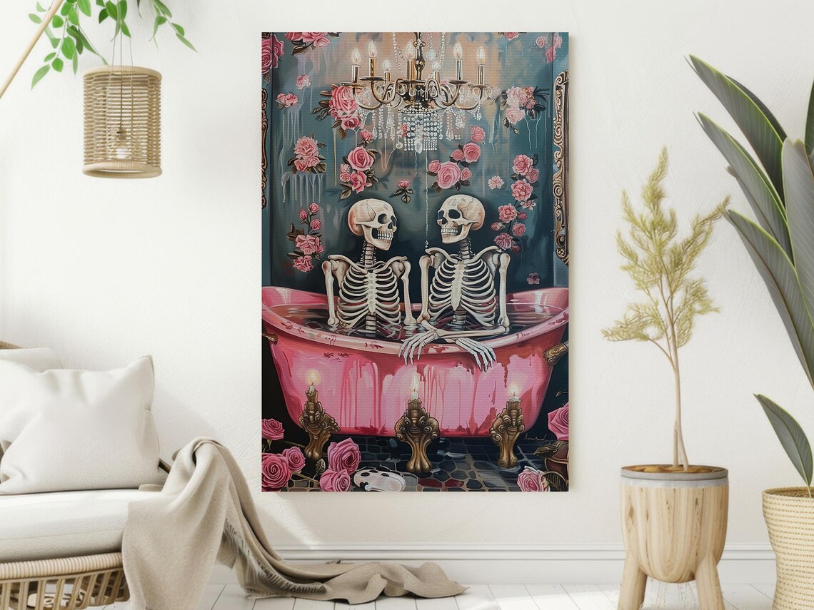 Two Skeletons Sharing Pink Bathtub With Roses Gothic Humor Print - Image 2