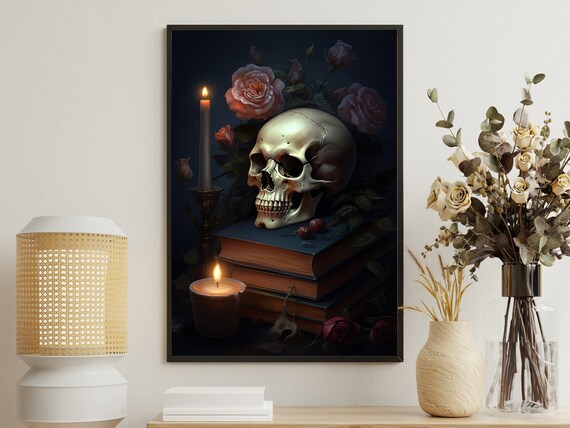 Gothic Skull On Stacked Books With Roses And Candle Dark Academia Poster
