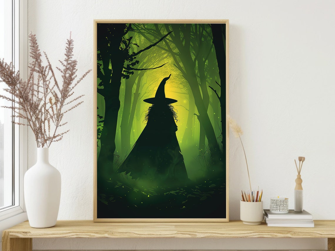 Witch Silhouette In Green Misty Forest Glowing Magical Art Poster - Image 3