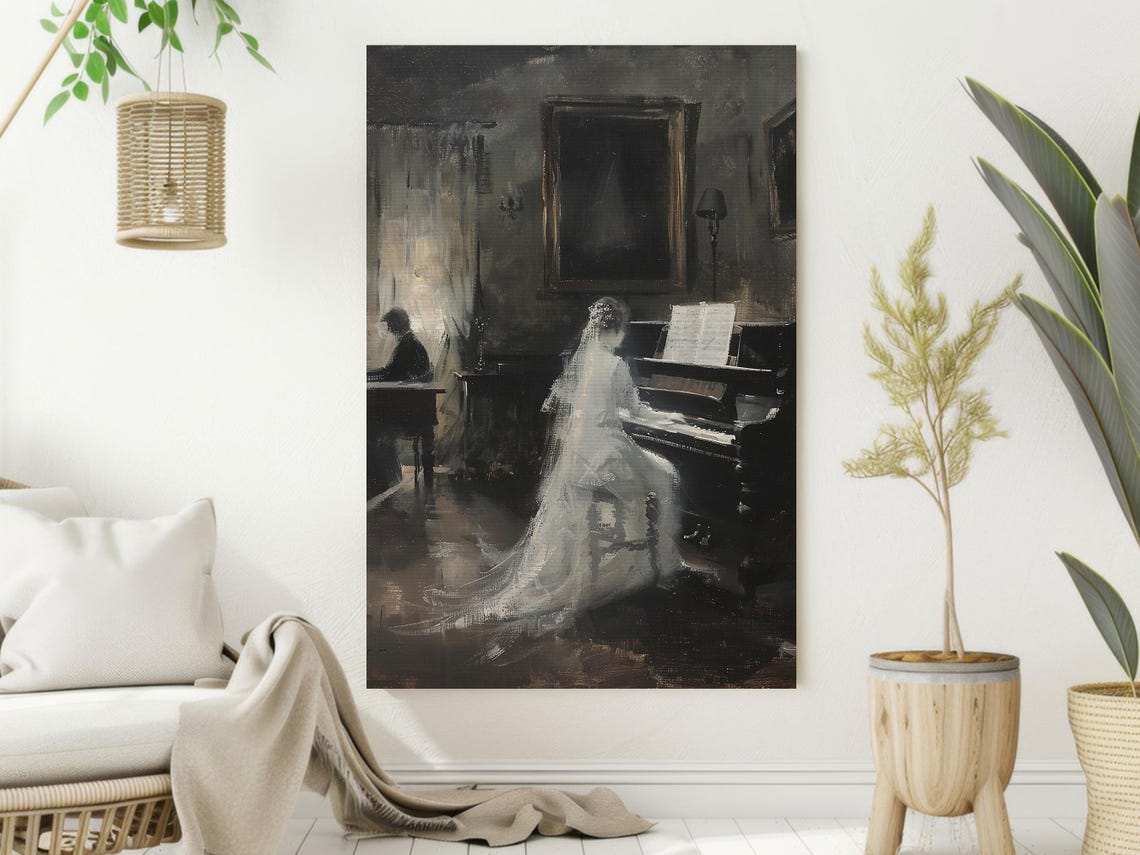Ghostly Woman Playing Piano in Dark Haunted Music Room Art Poster - Image 2