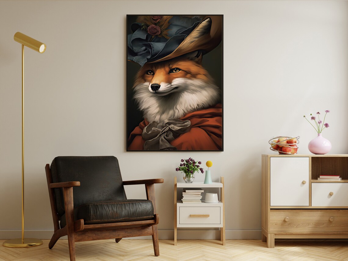 Regal Fox Lady In Victorian Hat Roses Portrait Dark Academia Animal Poster - Image 3