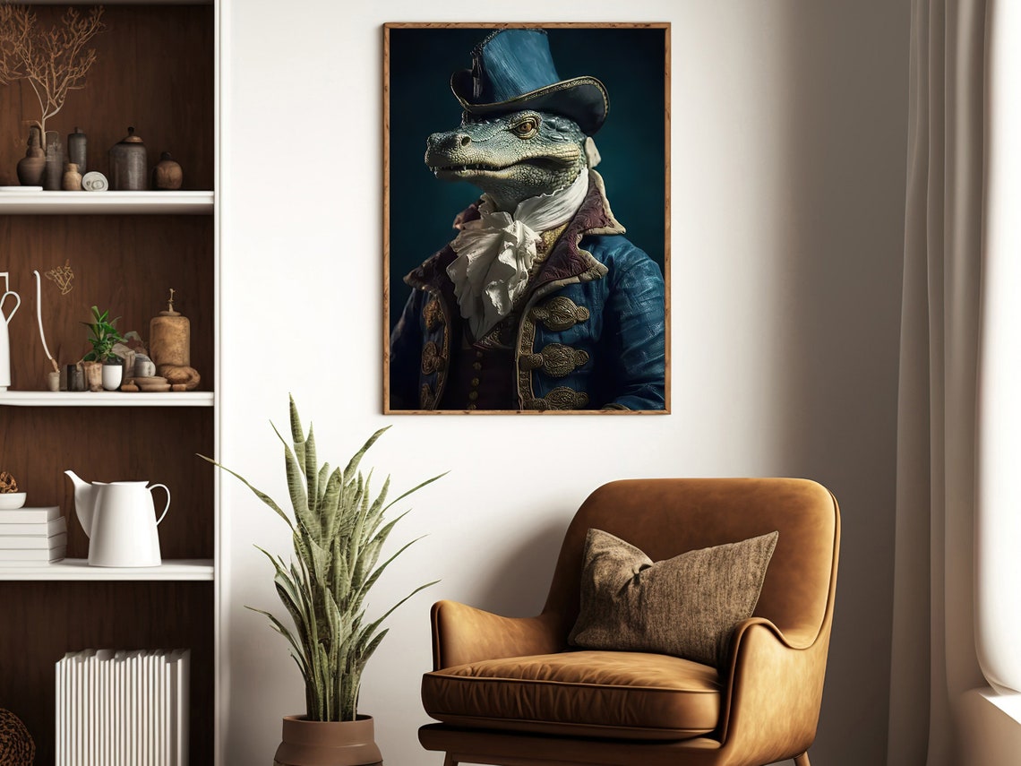 Dapper Crocodile Blue Top Hat Colonial Coat Portrait Art Poster - Image 3