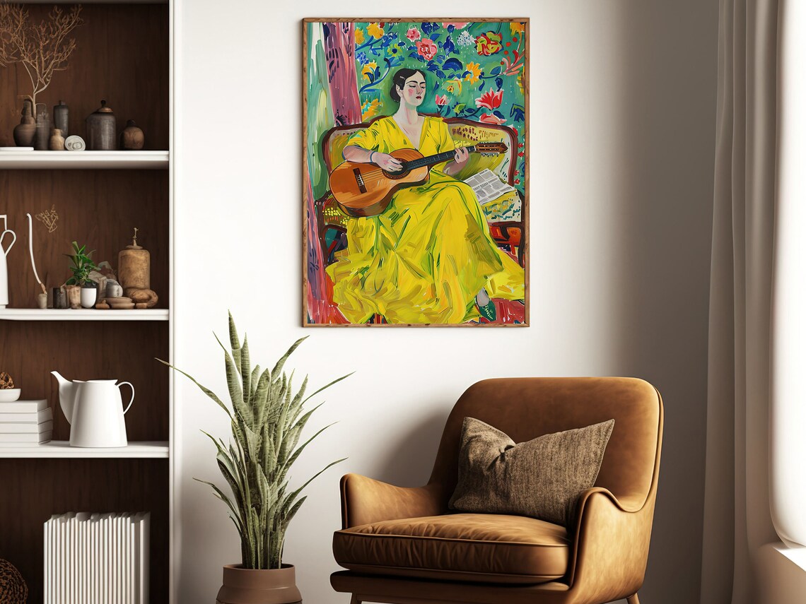Matisse Style Woman In Yellow Dress Playing Guitar Art Print - Image 3