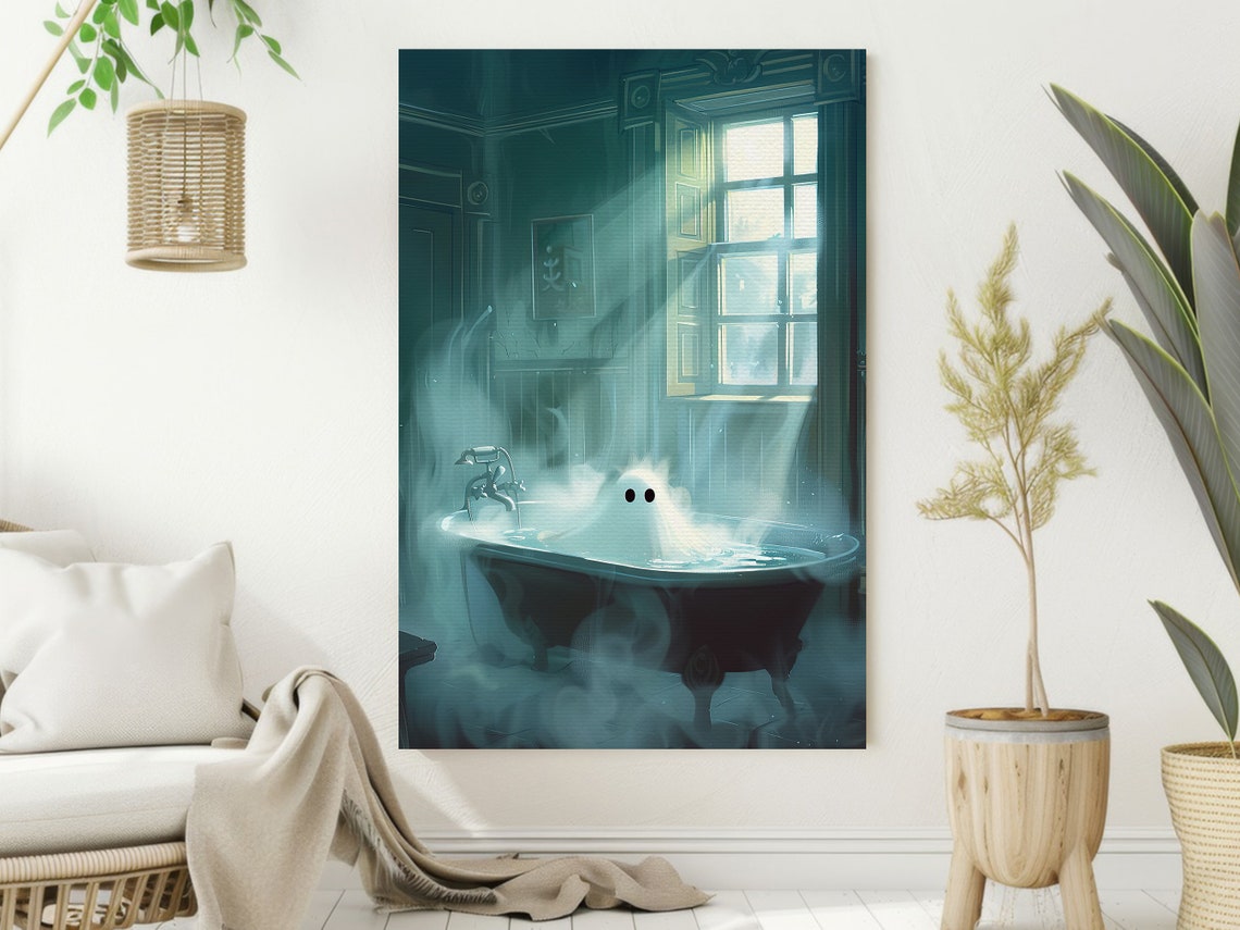 Dreamy Ghost in Steaming Teal Bathtub Sunlit Bathroom Halloween Poster - Image 2