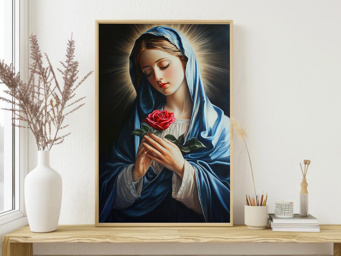 Virgin Mary Blue Veil Red Rose Halo Vintage Religious Painting Print - Image 2
