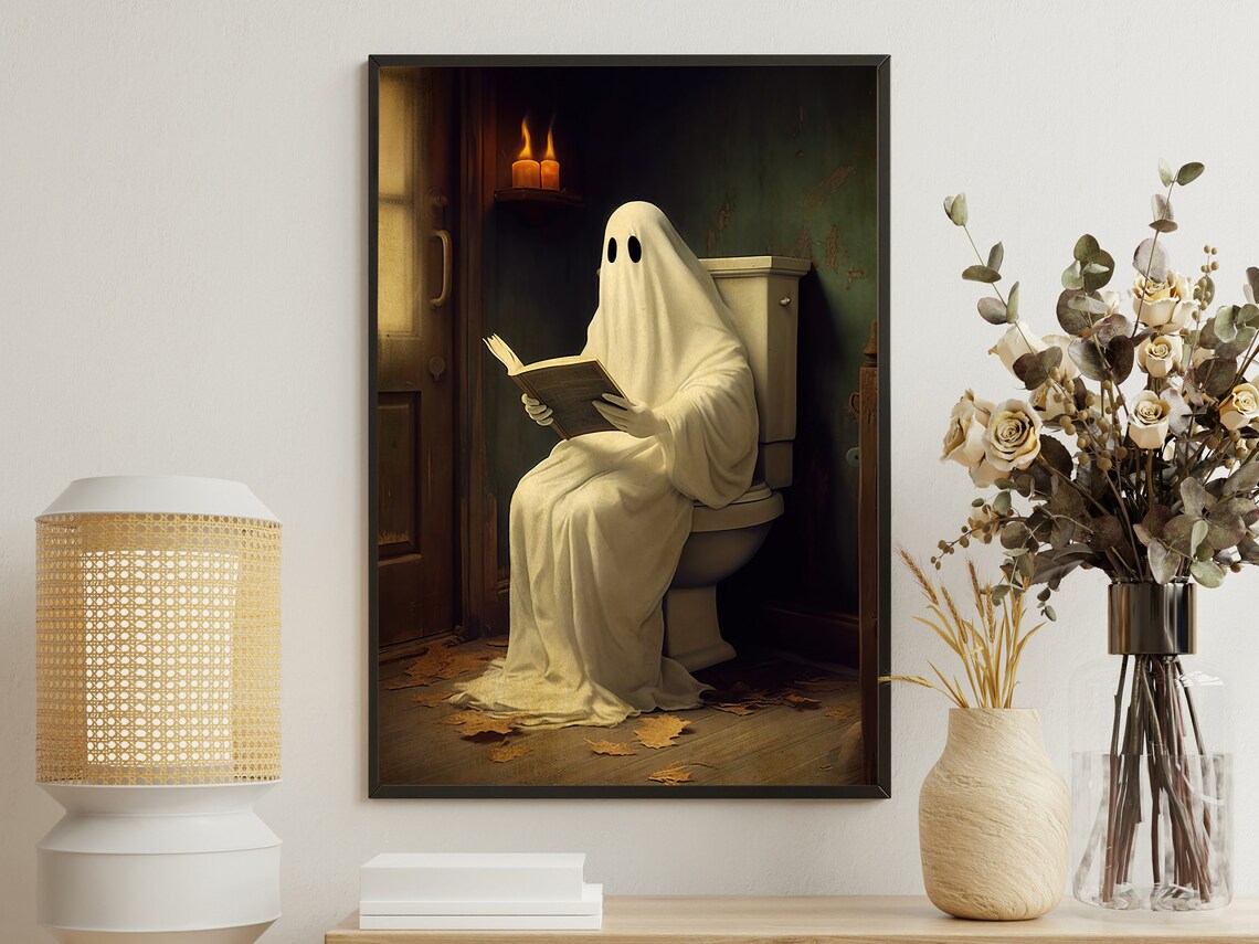 Vintage Ghost In Toilet Art Print, Gothic Halloween