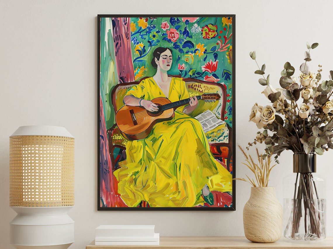 Matisse Style Woman In Yellow Dress Playing Guitar Art Print