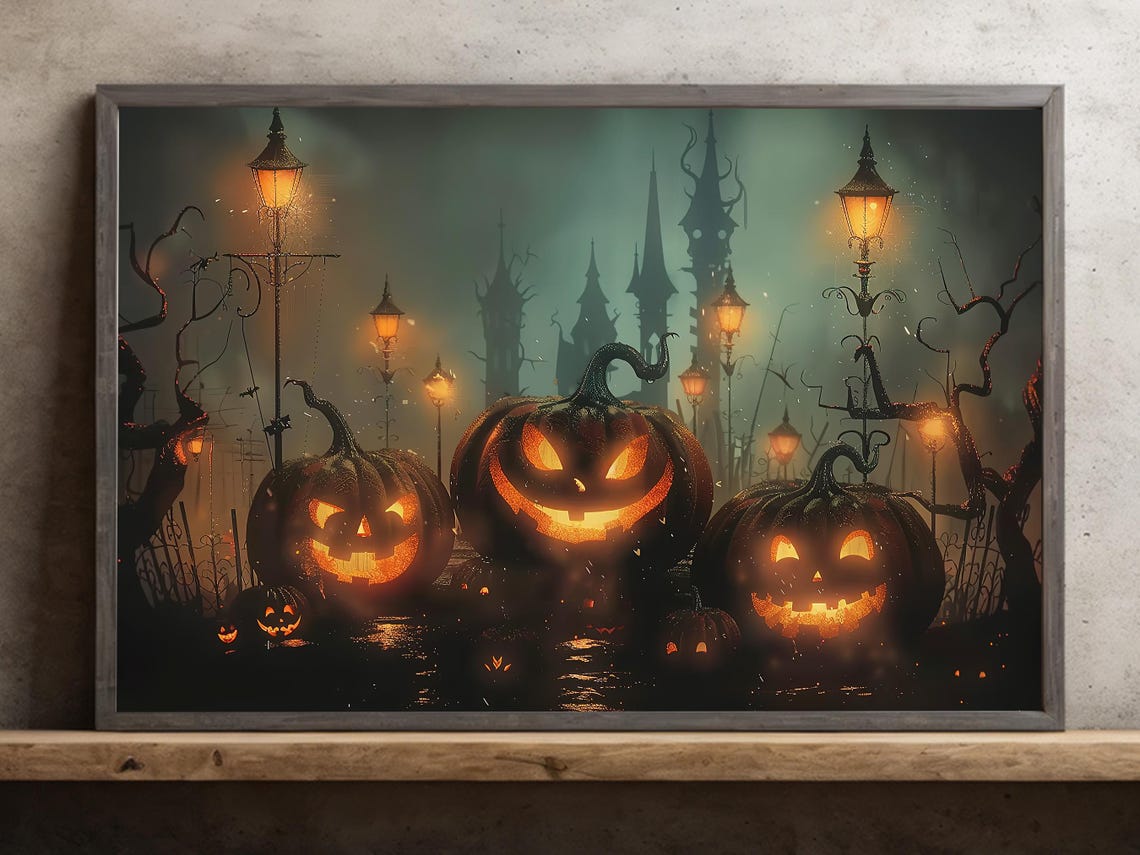 Glowing Jack O Lanterns on Misty Lamplit Street Haunted Night Poster