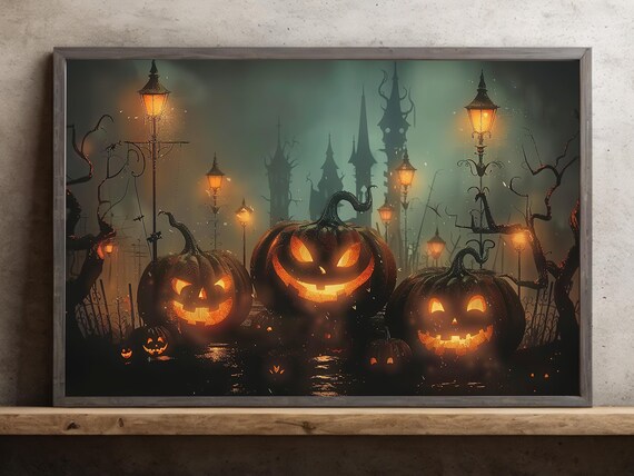 Glowing Jack O Lanterns on Misty Lamplit Street Haunted Night Poster
