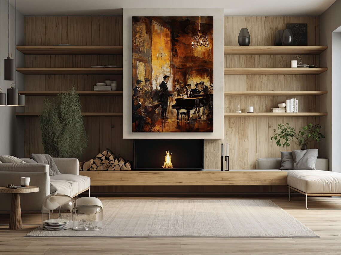 Vintage Jazz Club Grand Piano Cello Elegant Evening Performance Painting Print - Image 3