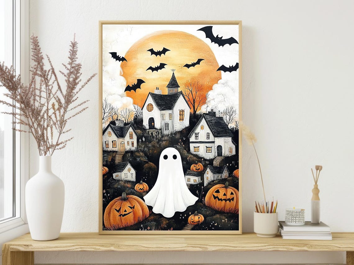Whimsical Halloween Village Ghost Bats Pumpkins Folk Art Poster - Image 4