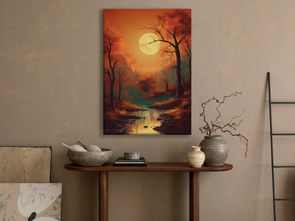 Vintage Fall Creek Forest Painting Art Print Retro Forest Landscape Poster Print - Image 3