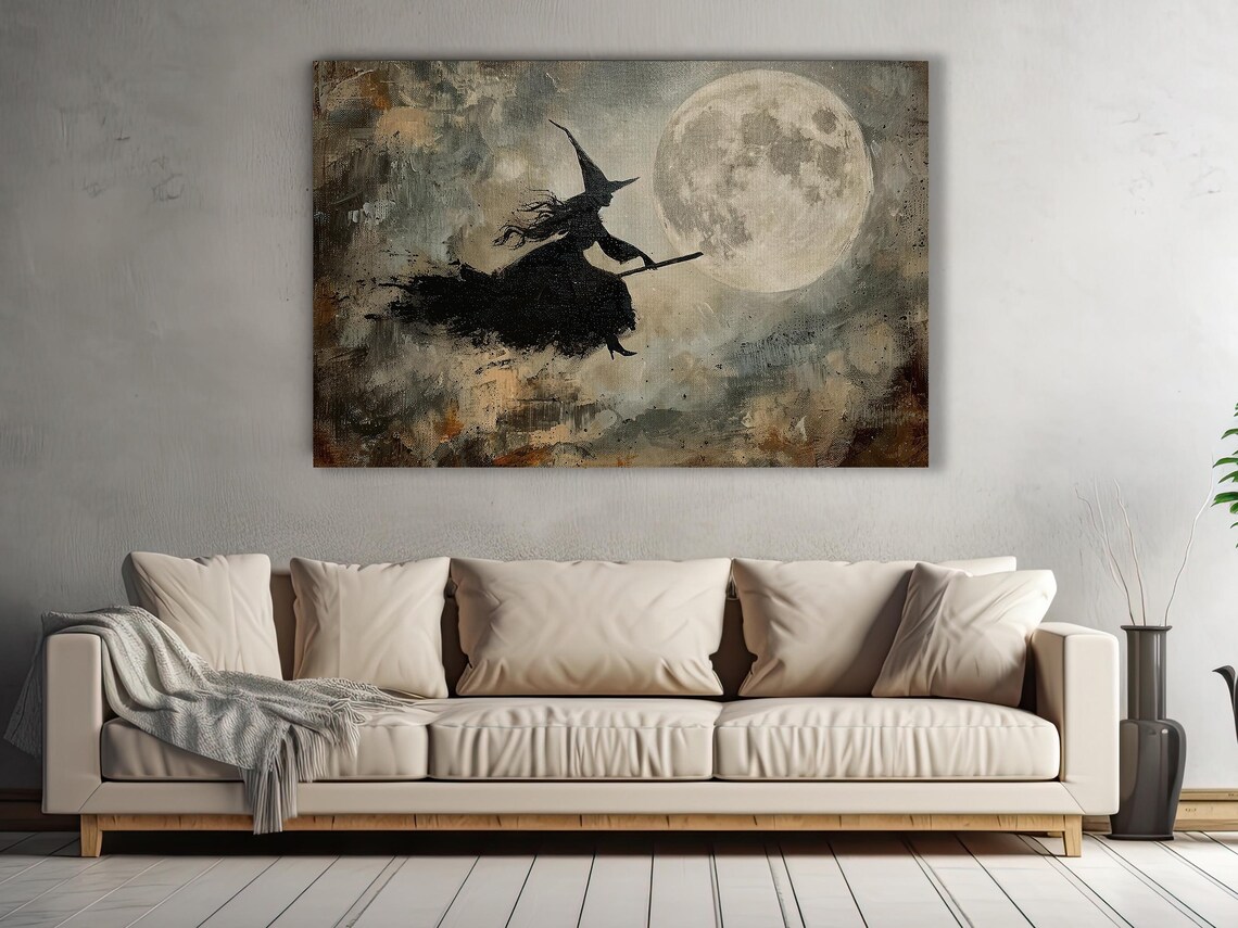 Silhouette Witch Flying Past Full Moon On Broomstick Halloween Wall Art - Image 3
