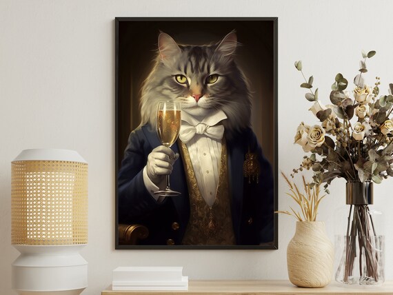 Victorian Cat Tuxedo Champagne Toast Funny Animal Portrait Wall Art Poster
