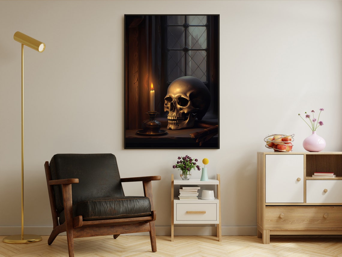 Dark Magic Skull By Candlelight Near An Old Window Gothic Poster - Image 2
