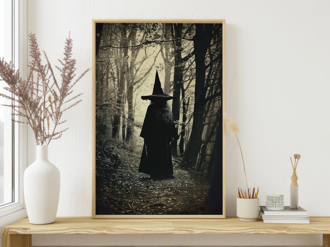 Witch Silhouette Walking Dark Forest Path Spooky Sepia Trail Poster - Image 2