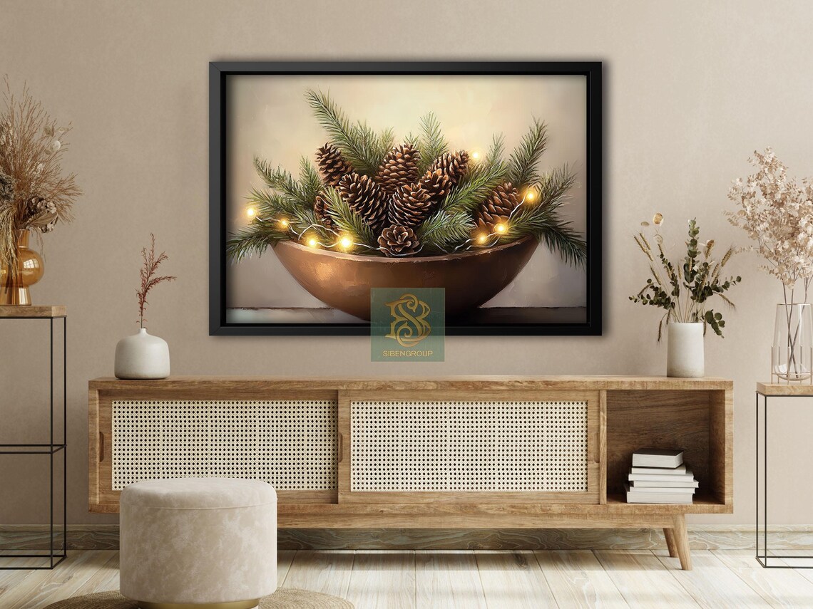 Copper Bowl of Pinecones Pine Branches and Fairy Lights Art Print - Image 4