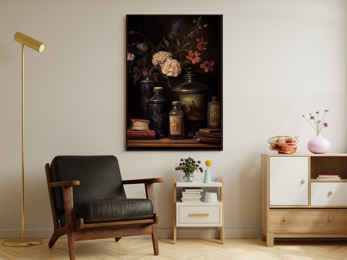 Dark Academia Floral Still Life Roses Antique Bottles Wall Poster - Image 3