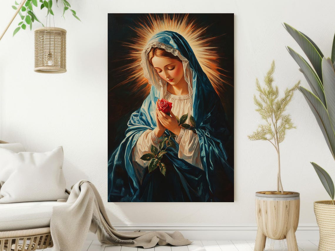 Virgin Mary Blue Veil Red Rose Golden Halo Vintage Catholic Art Print - Image 2