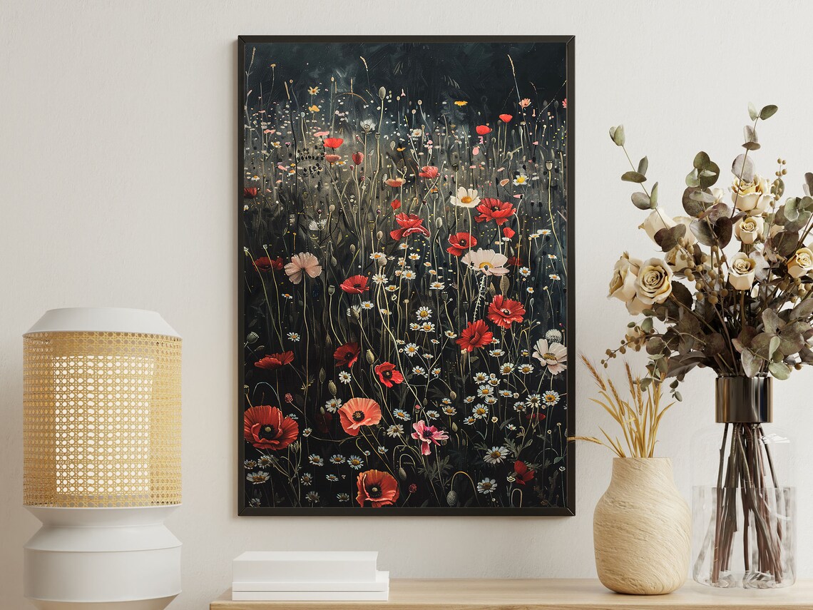 Wildflower Meadow At Night Red Poppies Daisies Dark Floral Poster