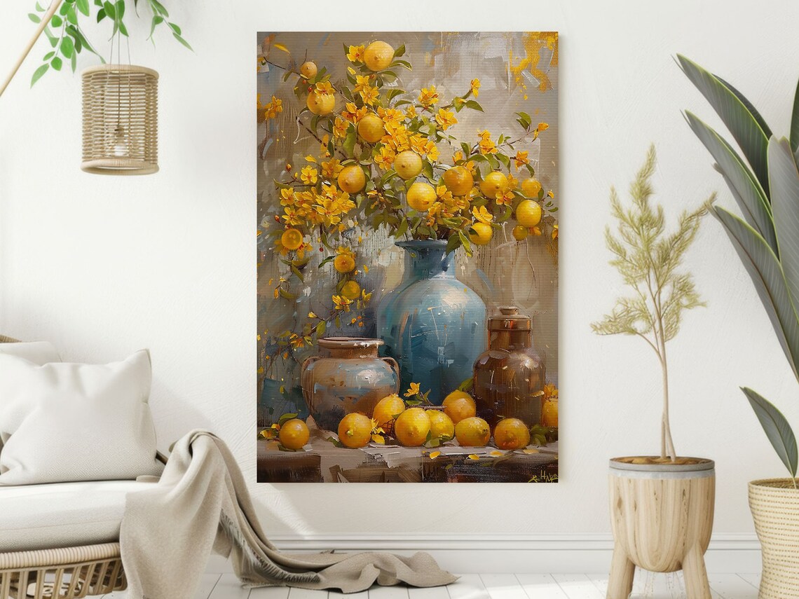Lemon Branches And Yellow Blossoms In Blue Vase Still Life Wall Art - Image 4