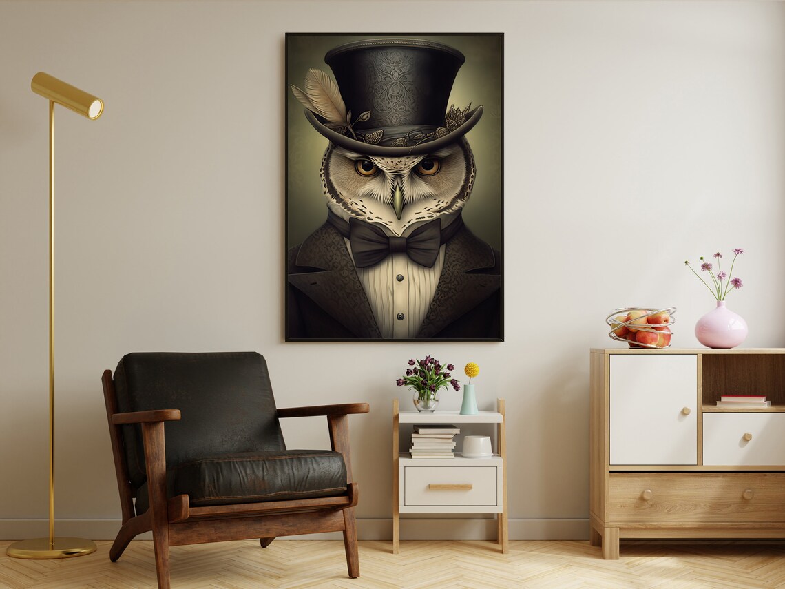 Victorian Gentleman Owl Top Hat Bow Tie Formal Portrait Gothic Animal Poster - Image 2