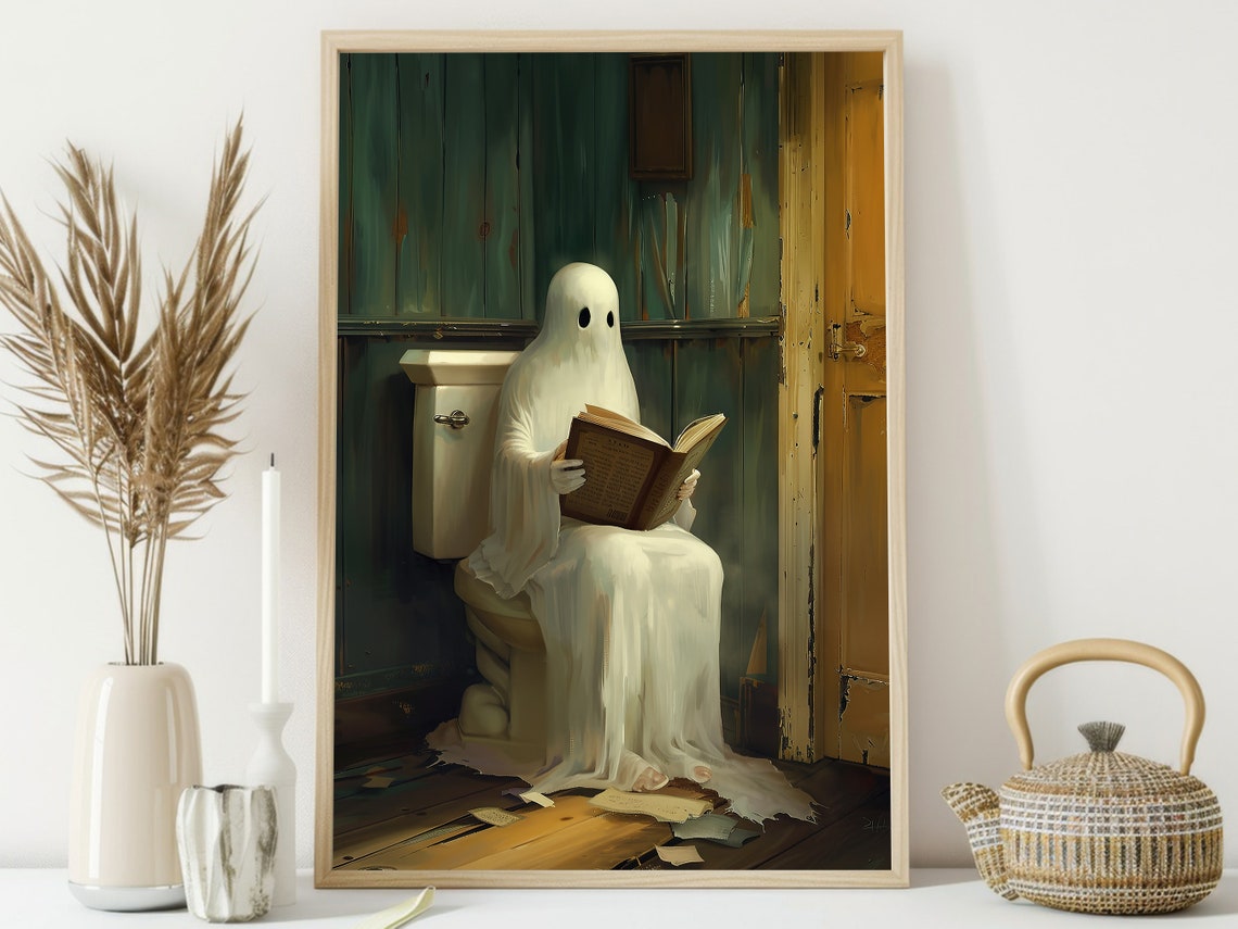 Funny Ghost Reading Book on Toilet Rustic Bathroom Halloween Poster - Image 4
