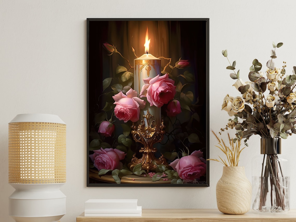 Single White Candle Pink Roses Gold Holder Dark Romantic Still Life Poster