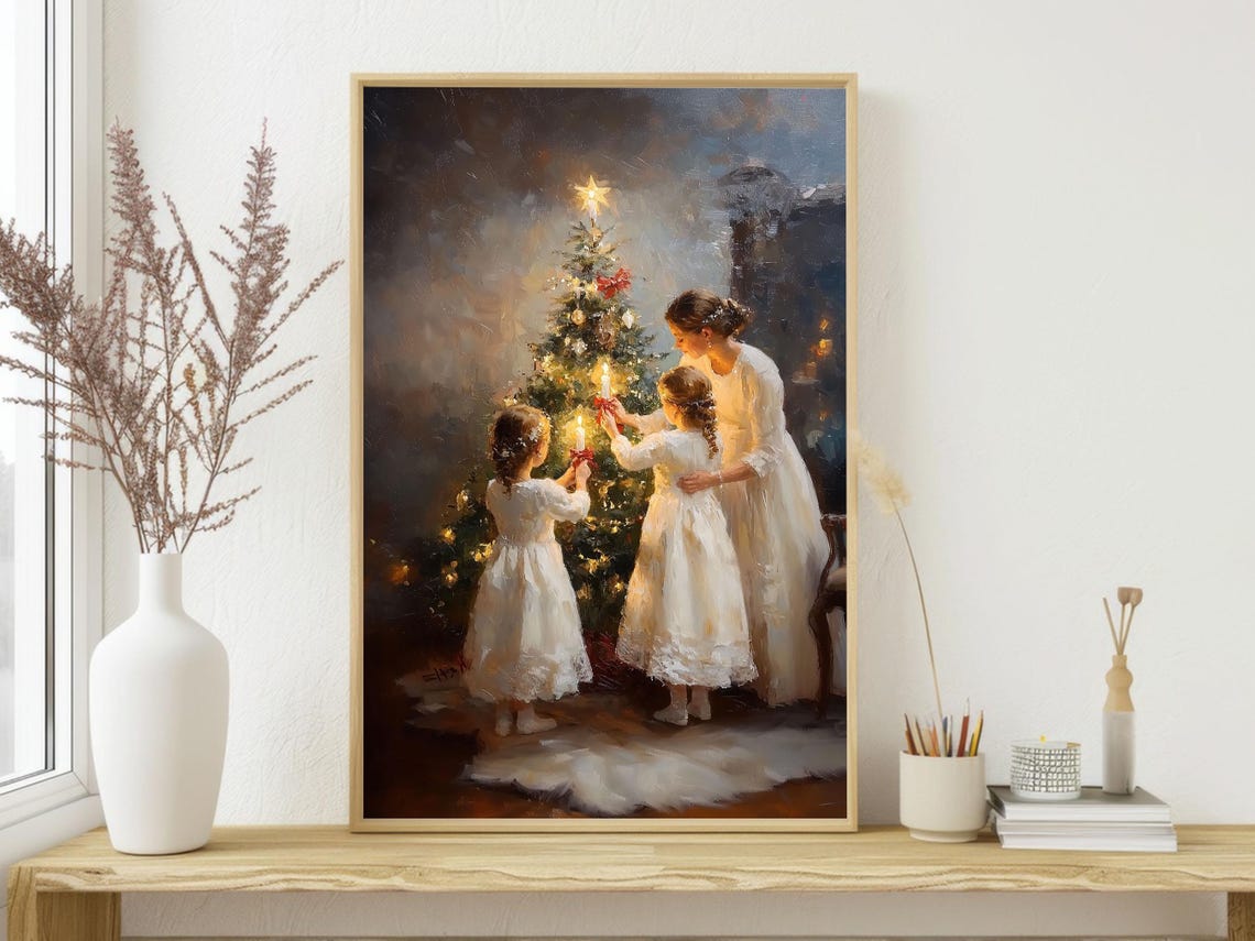 Mother and Daughters Lighting Candles on Christmas Tree Family Poster - Image 3