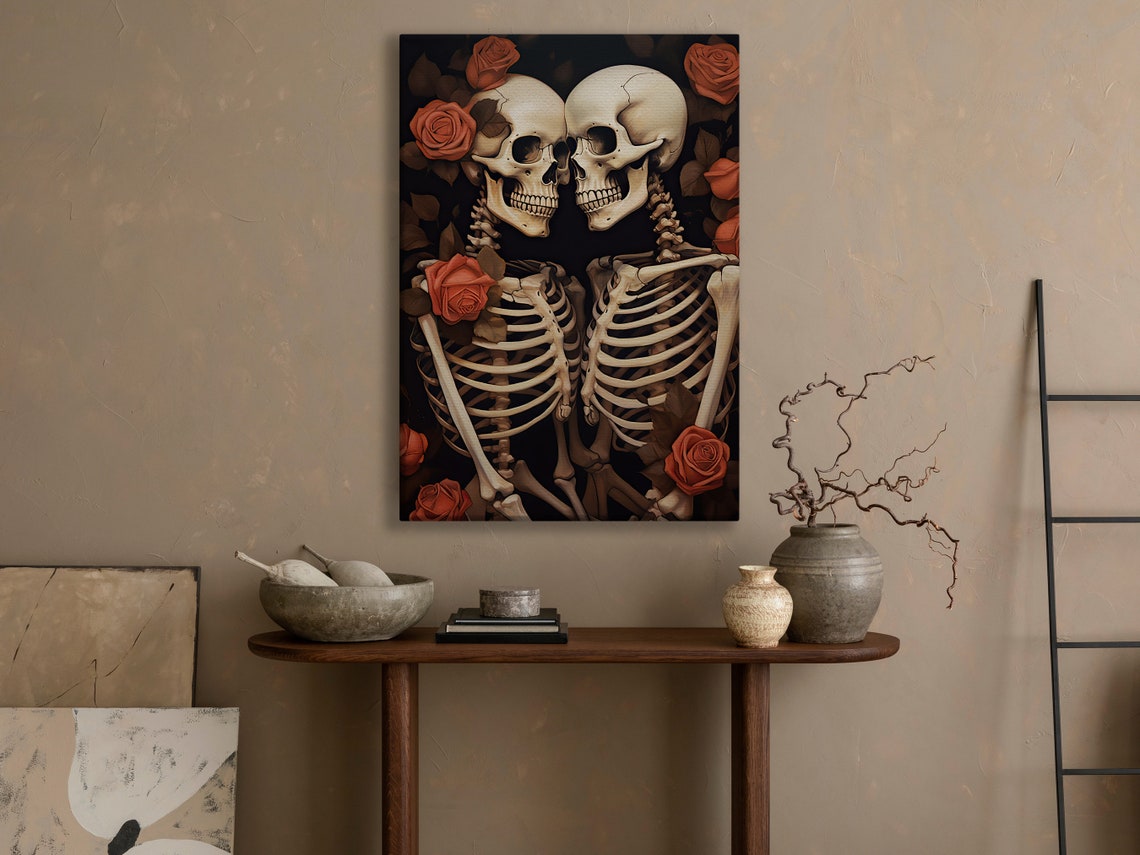 Skeleton Couple Embracing Among Deep Red Roses Gothic Art Print - Image 3