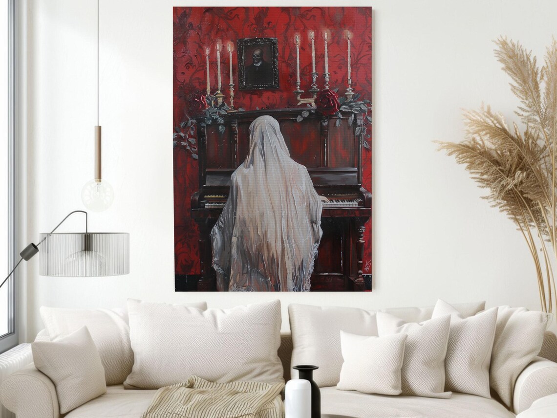 Ghost Playing Piano in Red Candlelit Victorian Room Dark Romantic Poster - Image 2