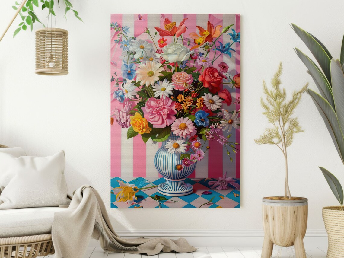 Vibrant Mixed Flower Bouquet In Striped Vase Pink Background Print - Image 2