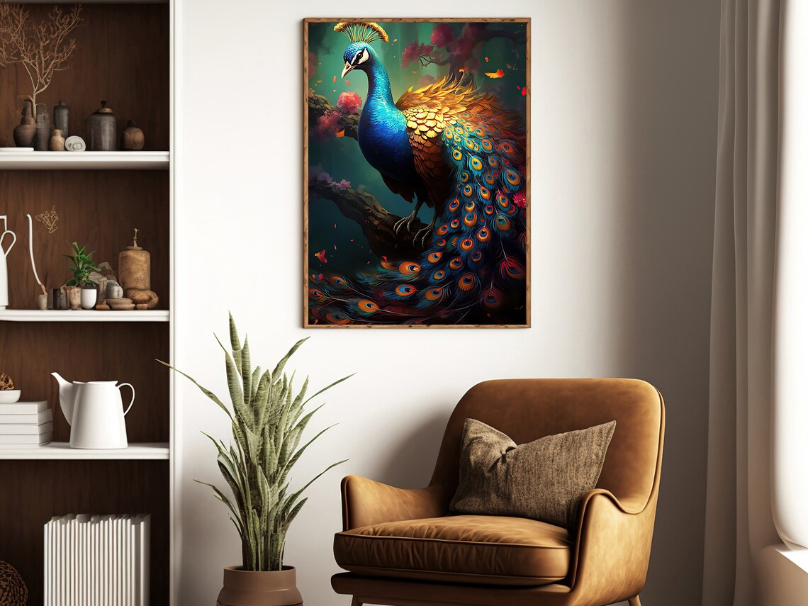 Vibrant Peacock Full Tail Feathers Iridescent Blue Bird Art Print Poster - Image 4