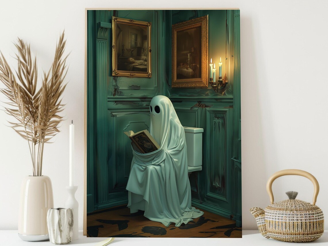 Ghost Reading Book on Toilet Elegant Green Bathroom Funny Halloween Poster - Image 4