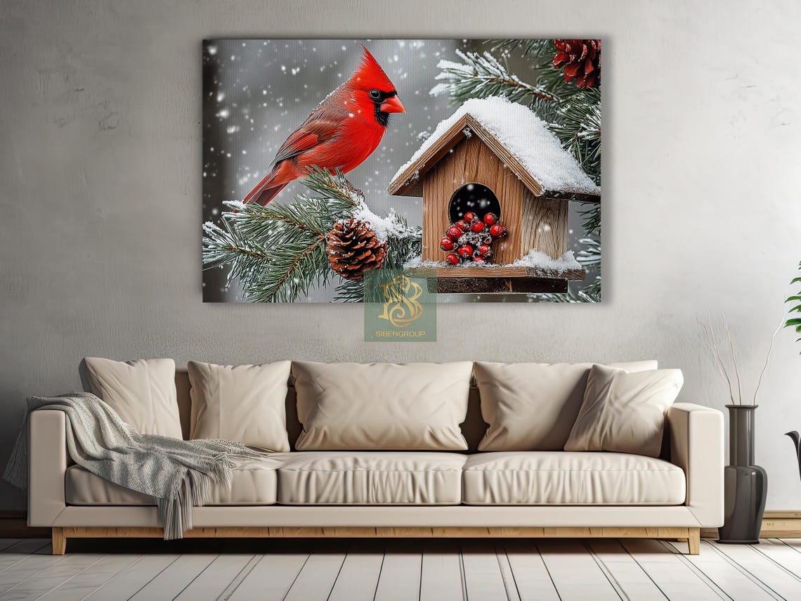 Red Cardinal Snowy Birdhouse Winter Snowfall Bird Painting Poster - Image 3
