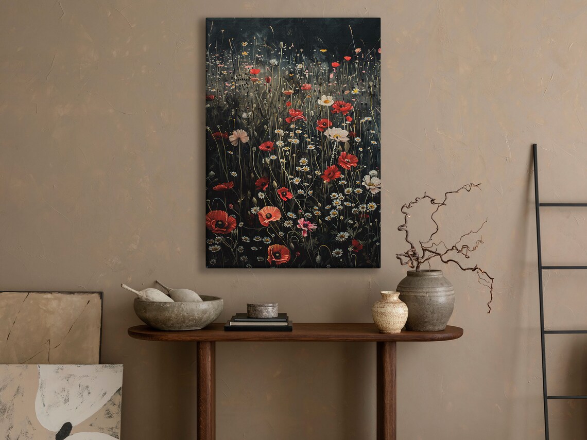 Wildflower Meadow At Night Red Poppies Daisies Dark Floral Poster - Image 3